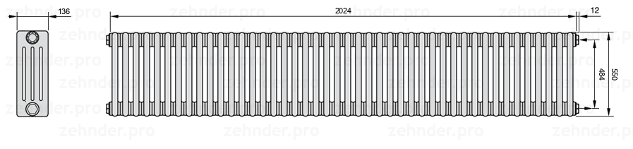 Схема (чертеж) Радиатор Zehnder Charleston 4055/44 №7610 Белый глянцевый RAL 9016